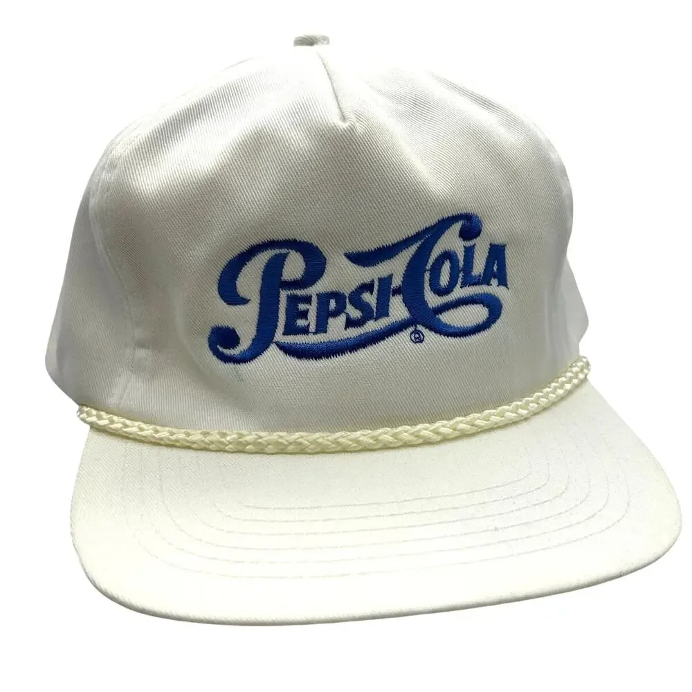 Vintage 80s 90s Pepsi-Cola White Strapback Rope Brim Embroidered Logo Promo Cap